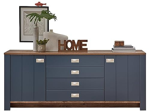 Sideboard Wohnzimmer Landhausstil 194 cm in blau mit Eiche Nb., Kommode, Anrichte, Wohnzimmerschrank, B/H/T ca. 194/79/45 cm
