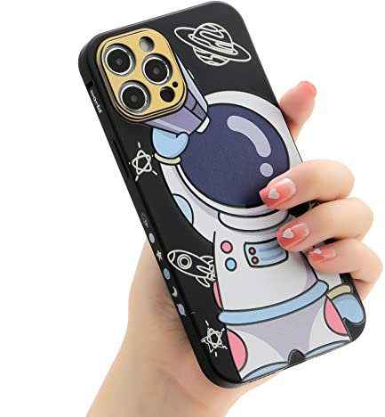 Yonds Queen for iPhone 15 Pro Max Cute Case, Cool Cartoon Astronaut Space Design Stylish Bumper Women Girls Protective Anti-Slip Shockproof Fashion Case (Black Telescope, iPhone 15 Pro Max)