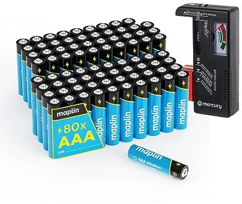 Maplin 80x AAA LR03 1.5V Alkaline Batteries (Triple A) 10 Year Shelf Life High Performance with Universal Battery Tester
