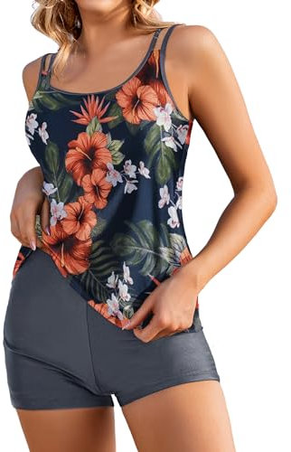 AI'MAGE Damen Zweiteilig Badeanzug Bademoden Bauchweg Tankini Set High Waist Beachwear Hotpants Badeanzug mit Zwei Trägern,Dunkelblau + Blume,M