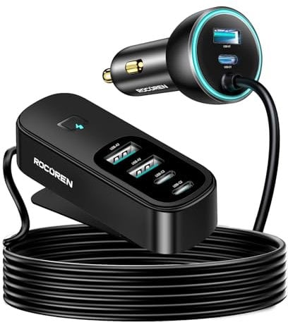 Rocoren Car Charger 105W, PD35W QC3.0 6-Port USB C Fast Charge Multi Car Charger Adapter with LED and 1.5m Cord for 12V-24V Socket Compatible with iPhone 15 / iPad/Galaxy/Huawei/MacBook Air