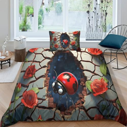 HOTGE Marienkäfer Bettwäsche-Sets Bettbezug Mit Kissenbezüge,Insekten Bettwäsche Warm Mit Reißverschluss Geeignet Für Die Dekoration Von Kinderzimmern Für Jungen Und Mädchen Single(135x200cm)