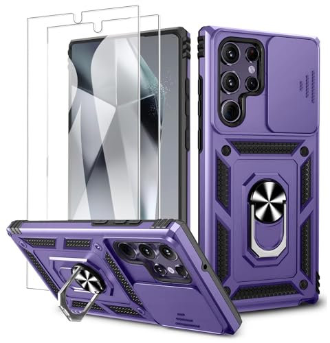 Fewdew for Samsung S24 Ultra Case with 2X HD Screen Protectors & Slide Camera Cover & Kickstand, Shockproof Rugged Hard Protective Phone Cover Case for Samsung Galaxy S24 Ultra 5G 2024,Violet