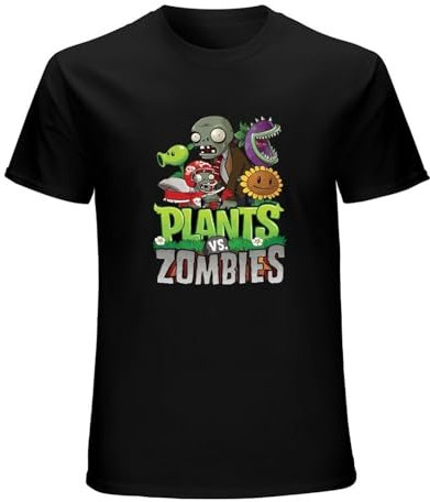 Plants vs. Zombies Men's T-Shirt Crew Neck Cotton Shirt Short Sleeves Soft Tee BlackXL Black XL