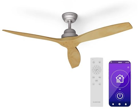 KLARSTEIN Santa Elena Smart - Ventilatore da Soffitto, 52, 6 Velocità, Telecomando, Controllo con App, Silenzioso: 45 dB, Estiva/Invernale, 10260 m³/ora, Design Moderno, Acero
