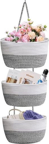 Kalakriti Over The Door Hanging Basket, 3-Tier Woven Cotton Wall-Mounted Storage Organizer Bag Decorative Kitchen Baskets, Small Planter (Grey-White)