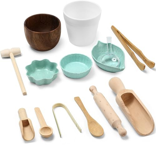 Tiangrid 14pcs Sensory Bin Tool Sensory Tools for Boys and Girls Fine Motor Skill Toys Wooden Tong Spoons Bowls Plate Hammer Magnifying Glass and Rolling Pin for Transfer Work and Fine Motor Learning