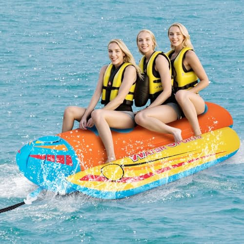 GYMAX Towable Tube for Boating, 1-3 Riders Inflatable Hot Dog Towable with EVA Seat Pads, Easy Grip Handles, Full 900D Nylon Cover & Drainage System, 231 KG Inflatable Boat Tube