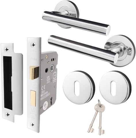 EAI Key Lock Door Handle Set Polished Chrome | Round T-Bar Internal Door Handles, Sash Lock, Hinges (76mm) & 2 Escutcheons | Silver Oliena Range