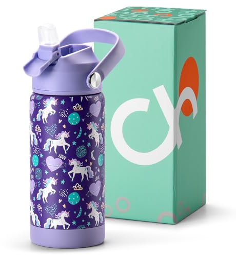Choco Mocha Girls Water Bottle Kids Stainless Steel Water Bottle Metal Water Bottle with Straw Leak Proof Insulated Bottle for School BPA Free Double Wall 450ml/14Oz, Purple Unicorn