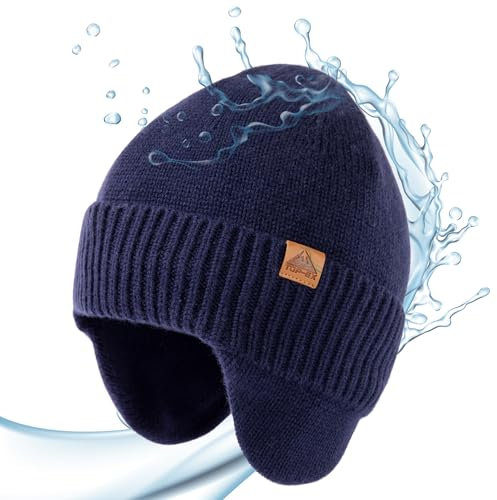 TOP-EX XL/XXL 80% Merino Beanie Herren Wolle wasserdichte Wintermütze mit Ohrenklappen Warme Strickmuetze mit Fleecefutter Outdoor Ski Mütze Navy Blau M/L