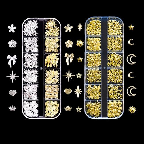 Gold Silver 3D Nail Charms,2Boxes 24Grids Bow Star Nail Gems Nail Studs,Punk Metal Alloy Rivet Stickers Bowknot Nail Art Decorations Accessories for Nail Art Design DIY Crafts (Gold Silver B)