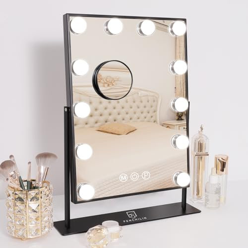 FENCHILIN Schminkspiegel mit Beleuchtung 12 LED Beleuchteter Hollywood Spiegel mit Beleuchtung 360° Drehbar 10 fache Vergrößerung 3 Farbbeleuchtungsmodi Schminkspiegel mit Licht Schwarz 30x41 cm