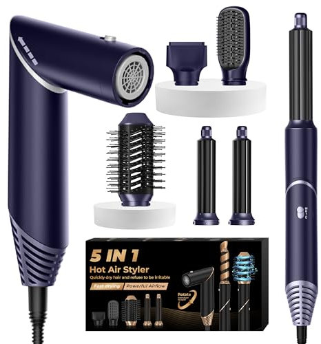 UKLISS 5 in 1 Airstyler mit 60,000U/min Föhn Multifunktional Heißluft Lockenwickler Rundbürstenföhn Warmluftbürste Hairstyler Airbürste Lockenföhn Lockenbürste Föhnbürste Haarföhn Stylingbürsten, Blau