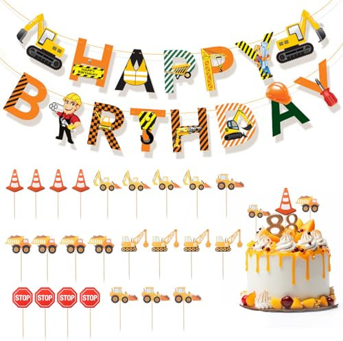 Bagger Muffin Dekoration, Baustellenfahrzeuge Verkehrsschilder Kinder, 24 Stück Bagger Geburtstag Deko Set, Kuchen Deko Baustelle, Tortendeko Baustelle, mit Bagger Deko Happy Birthday Banner