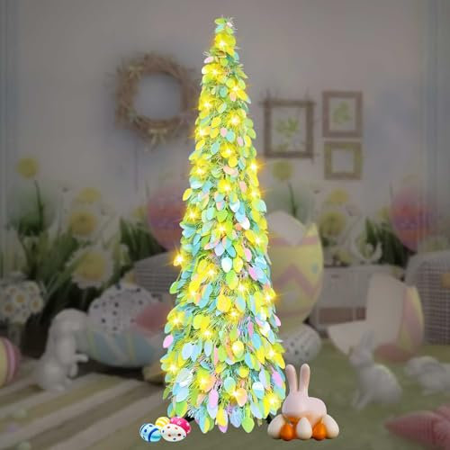 Árbol de Pascua con 5 Metros de Cuerda de Luces (Sin batería), Árbol de Huevo de Pascua, Árbol de Navidad Plegable para Pascua, Navidad, Decoración del Hogar, 2 Modos de Luz (30x150CM Huevo)