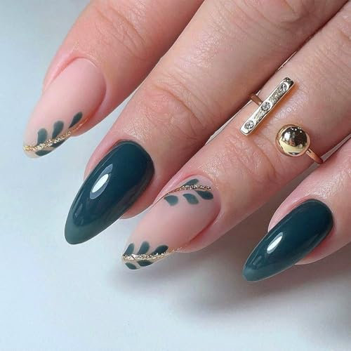 24PCS Green Leaf Design Press on Nails – Short Almond Acrylic Stick On Fake Nails, Multiple Sizes, Easy to Apply & Remove, Nail Art Tips for Women, Short & Long Options