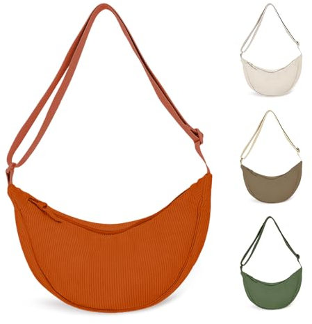 GIDWRIY Halbmond Tasche Damen Cord Crossbody Bag Orange, Halbrunde Schultertasche, Half Moon Handtasche mit Reißverschluss, Umhängetasche Stoff, Dumpling Bag, Banana Bag, Einfarbige Messenger Bag