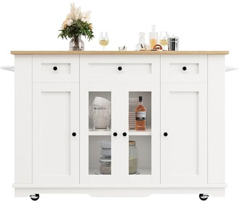 DRIXNO Kücheninsel, Abnehmbare Trennwände, Küchenschrank, Esszimmerwagen mit Arbeitsplatte, Buffetschrank, Esszimmerwagen mit Holzmaserung, Buffetschrank, Schrank aus gehärtetem Glas, Weiß