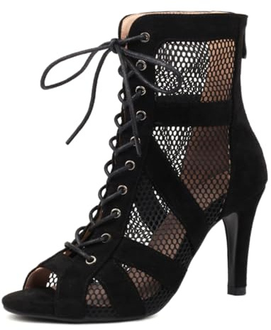 Donna Gladiatore Sandali Traspirante Danza Heels Strappy Peep Toe Cordoncino Zip Burju Danza Heels Class Scarpe Stiletto Suede Black Size 40