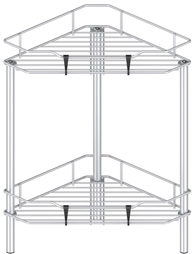 HuggieGems 2 Tier Floor Standing Corner Shower Caddy Organizer Shelf with Hooks, Bathroom Shelves Stand Rack, Silver