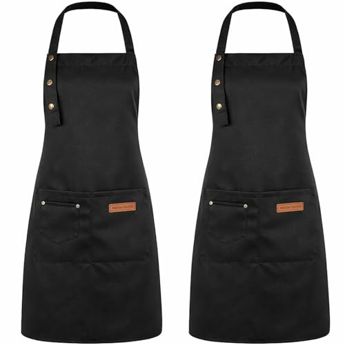 DASHUAIGE 2 Pack Adjustable Waterproof Canvas Aprons with Pockets, Comfortable Unisex Chef Aprons for Cooking, Grilling, Restaurant