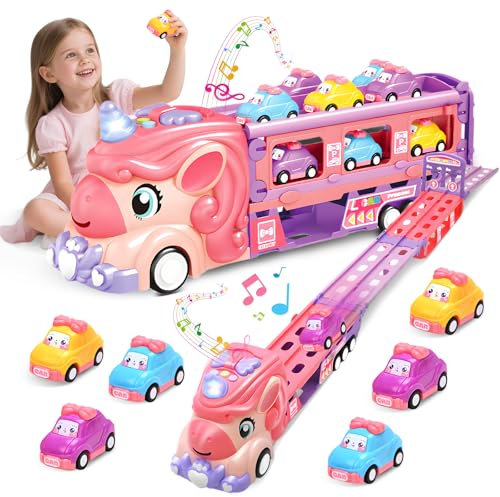 RoserRose Jouet de Camion Licorne pour Fille 2 3 4 5 6 Ans, Enfant Camion Transporteur Voiture avec 6 Mini-Voitures et Piste de Course, avec Lumières et Musique, Cadeau Enfant 2 Ans Fille