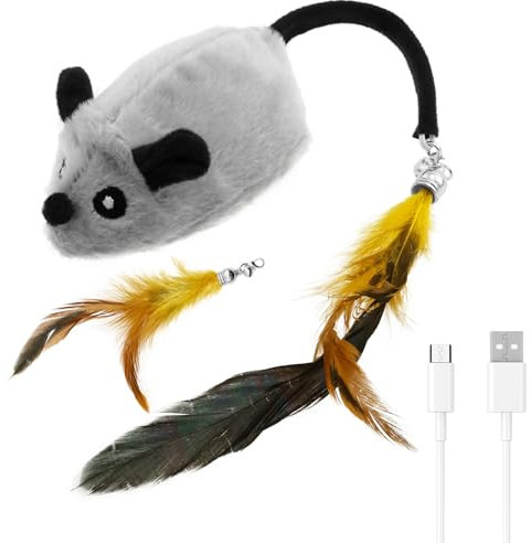 KTCINA Moving Cat Toy Mouse Automatic Interactive Cats Toys with LED Light and Feather Bell Tail USB Rechargeable Cat Toy Catnip Mouse Toys for Indoor Cats Playing, Chewing & Teeth Cleaning(Grey)