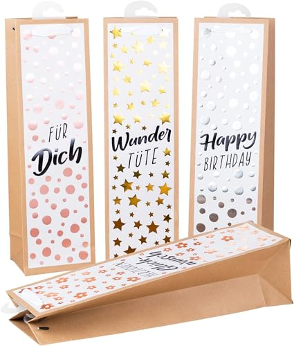 HEKU Premium Flaschentaschen Nature Trend 2 mit Hotfoil-Veredelung, 4 Stück I 40x12x10 cm I Mit liebevollen Sprüchen | Ideal für Wein & Spirituosen I Umweltfreundlich & Wiederverwendbar