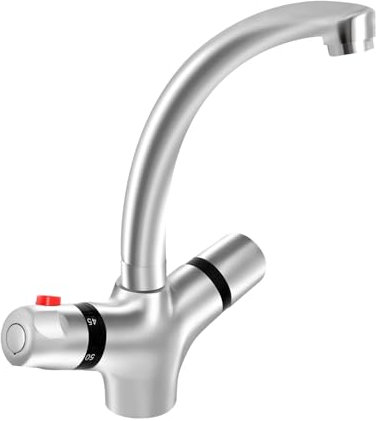 Rubinetto termostatico da cucina, lavabo con doppia maniglia, girevole a 360°, per cucina, bagno, lavandino, argento