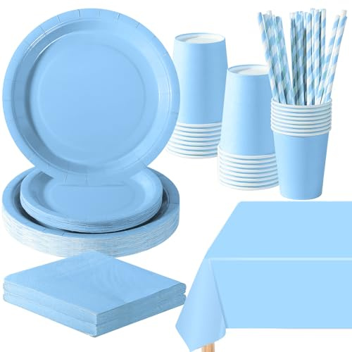 PYAILI Bleu Bébé Anniversaire Vaisselle de fete 121 Pièces 24 Invités | Party Assiettes en Papier Set Assiettes de Fête Papier Tasses Serviettesr, pour Barbecue les Fêtes les Pique-niques