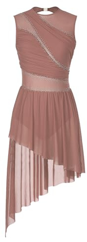 Yruioon Robe De Patinage Artistique Femme Brillant Robe De Ballet sans Manches Strass Body avec Jupe Asymétrique Danse Moderne Contemporaine Lyrique Tenue Danse