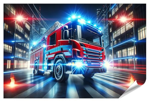islandburner XXL Bild Poster Feuerwehrauto in der Nacht Stadtlichter und Flammen Premium Bilder Fotodruck