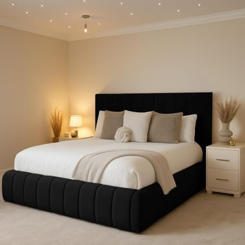 MOORCROFT BEDS 5FT King Ottoman Storage Solid Divan Base Bed With Mattress And Headboard Upholstered In Plush Velvet Black Bed End Lift (Black, 5FT King With Mattress And Storage)
