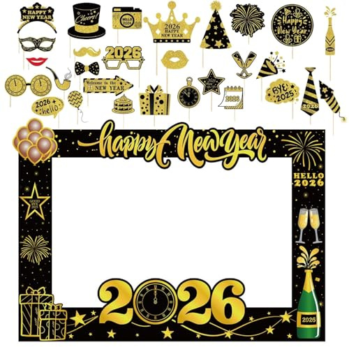 Silvester Deko Set 2026, 30 Stück Silvester Foto Requisiten, XXL Silvester Fotorahmen Bilderrahmen met Foto Requisiten, Fotobox Accessoires Silvester Party Zubehör