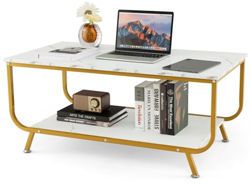 FANTASK 2-stufiger Couchtisch Rechteckiger, Wohnzimmertisch Marmor Optik, Kaffeetisch mit unterer Ablage und Metallrahmen, Sofatisch für Wohnzimmer, Büro, 105 x 55 x 46,5 cm (Weiß)