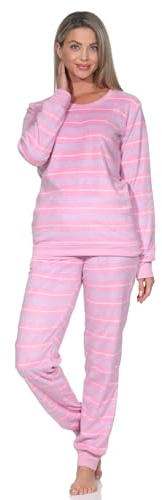 Normann Damen Langarm Fleece Schlafanzug mit Bündchen in chilliger Optik, Farbe:pink, Größe:40-42