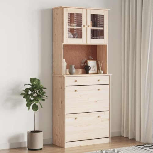 Teenpull Highboard ALTA 77x35x188 cm, Massivholz Kiefer Unbehandelt, Geräumiger Stauraum Wohnzimmer, Glas Vitrine