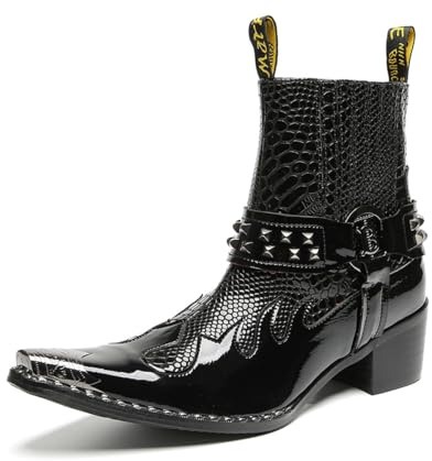 Yhsdfcn Stivali da Cowboy da Uomo con Tacco Cubano e Punta in Metallo, Stivaletti in Pelle Verniciata Effetto Coccodrillo con Borchie, Tronchetti Western di Lusso, Scarpe da Gala e Party,Nero,47 EU