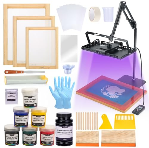 Caydo Kit de sérigraphie tout-en-un de 54 pièces avec lumière UV LED de 100 W, 3 tailles de cadres de sérigraphie en bois, 6 couleurs d'encre de sérigraphie, émulsion photo de sérigraphie, raclette