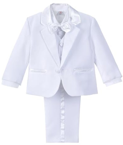 Lito Angels Liten Pojkar Formell Kostym, 5 Stycken Set Bröllop Dop Outfit (Blazer, Skjorta, Väst, Byxor, Fluga) Ålder 3 år (Taggnummer 04), Vit