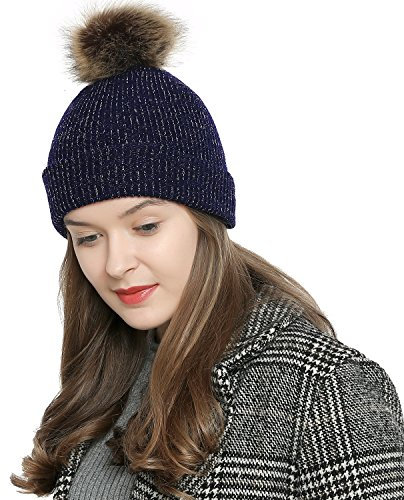 DonDon Damen Winter Mütze Bommelmütze dunkelblau mit silber