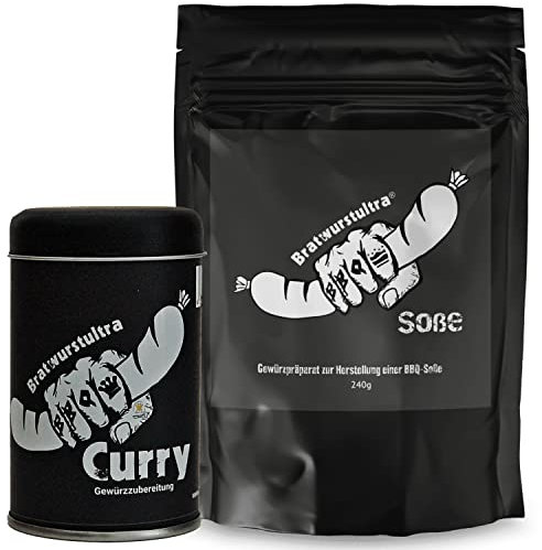 Bratwurstultra Currywurst Pulver Streucurry - Topping für Currywurst & Bosna - Geschmack ohne Bitterstoffe - Curry Pulver als Topping- selbstgemachte Curry (Currywurst Soße 240g + Topping 90g SET)