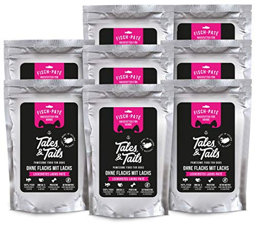 Tales & Tails® - Nassfutter für Hunde aus 100% isländischem Lachs| Getreidefreies Hundefutter, Natürlich, Nährstoffreich, Zuckerfrei | Hundenassfutter „Ohne Flachs mit Lachs“| 8X 100g