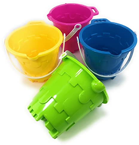 Matty's Toy Stop Beach Gear 7 Plastic Castle Mold Sand Buckets (Pails) with Easy Pour Spout and Handle Blue, Pink, Green & Yellow Party Set Bundle - 4 Pack