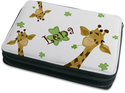 CreaDesign Kinder Federmäppchen mit (Wunsch) Namen, einzigartige Federtasche durch Personalisierung, Schulmäppchen - Motiv Giraffe