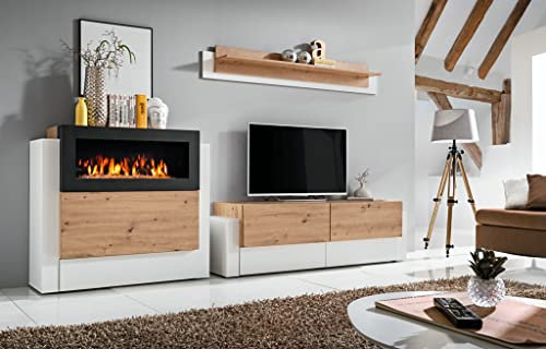ASM Ensemble Meuble TV Mural Et Buffet Cheminée Queens - L 290 X P 45 X H 150 Cm - Blanc Et Beige