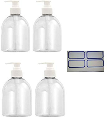 Lot de 4 flacons vides de 500 ml de désinfectant pour les mains en plastique PET pour shampoing, lotions, crèmes pour le visage, huiles essentielles, après-shampoing et savons