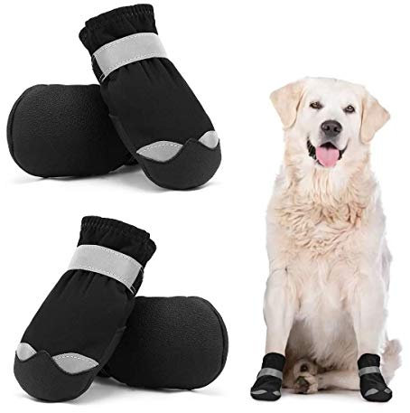 Dociote wasserdichte Hundeschuhe pfotenschutz mit Anti-Rutsch Sohle, reflektierendem Riemen, Klettverschluss Schneeschuhe für mittelgroße große Hunde 4 Stück Schwarz 7#