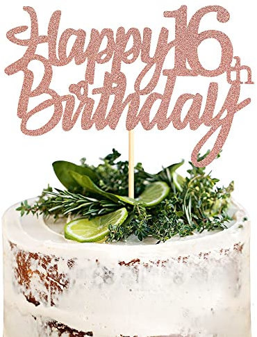 Sumerk Rose Gold Glitter Happy 16th Birthday Cake Topper 16th Cake Topper for Birthday Anniversary Party Decorations - Pack of 1
